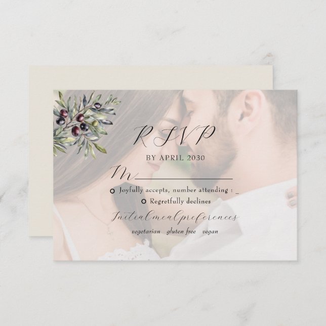 Ivory Olive Monogram Photo Wedding RSVP Card (Front/Back)