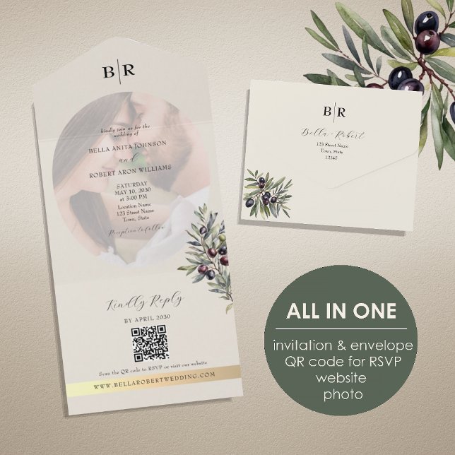Ivory Olive Photo Monogram Wedding All In One Invitation (Creator Uploaded)