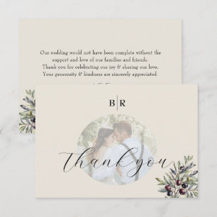 Ivory Olive Photo Monogram Wedding Thank You Card