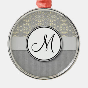 Ivory on Silver Damask and Stripes with Monogram Metal Ornament