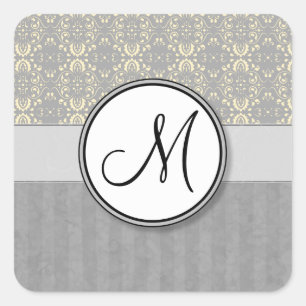 Ivory on Silver Damask and Stripes with Monogram Square Sticker
