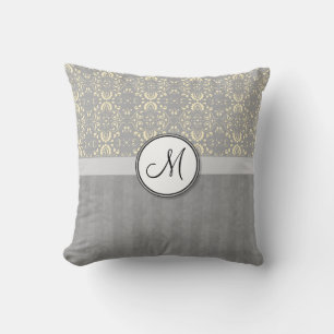 Ivory on Silver Damask and Stripes with Monogram Throw Pillow