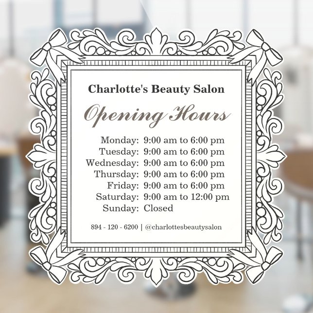 Ivory Ornate Bow Frame Opening Hours Window Cling (Ivory Ornate Bow Frame Opening Hours Window Cling)