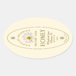 Ivory oval honey label with heraldic bees, daisy