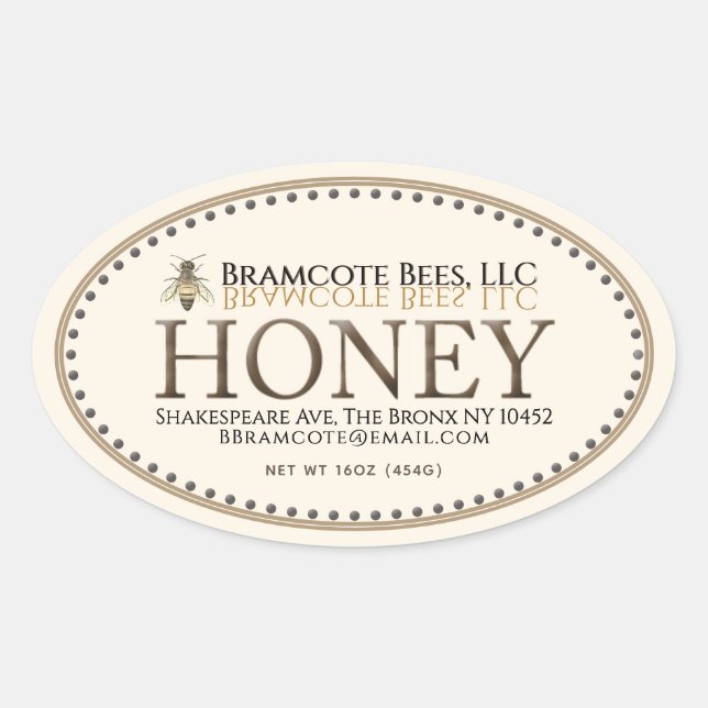 Ivory Oval Honey Sticker with Honeybee and Border (Front)