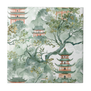 Ivory Pagoda Sage Botanical Chinoiserie Tile