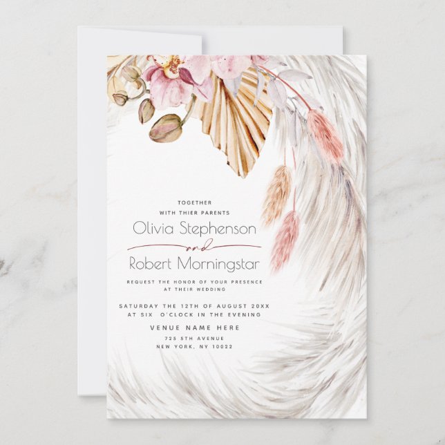 Ivory Pampas Grass Maroon Blush Pink Floral Invitation (Front)