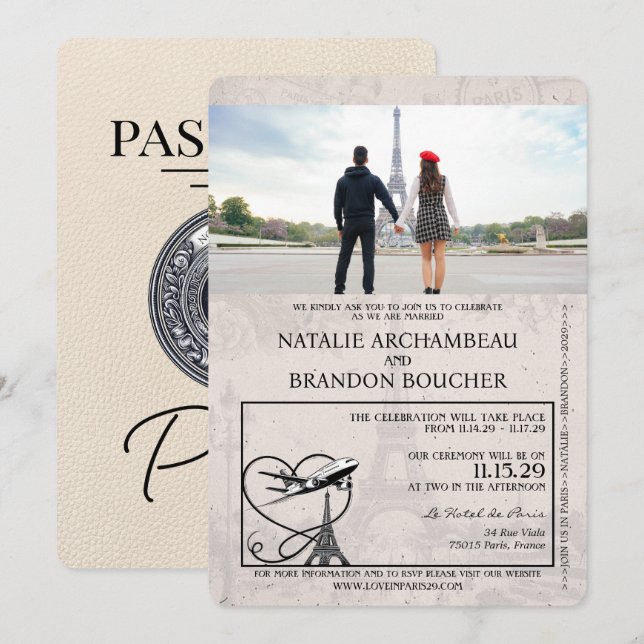 Ivory Paris Passport Wedding Invitation (Front/Back)