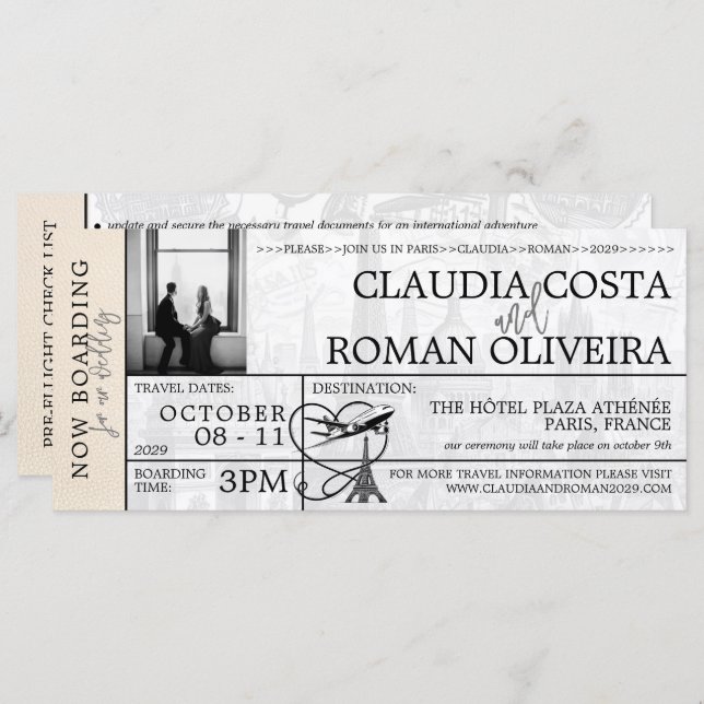 Ivory Paris Wedding Boarding Pass Invitation (Front/Back)