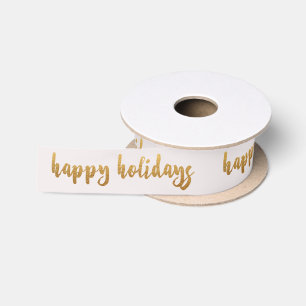 Ivory Pastel Golden Happy Holidays Reinadeer Satin Ribbon