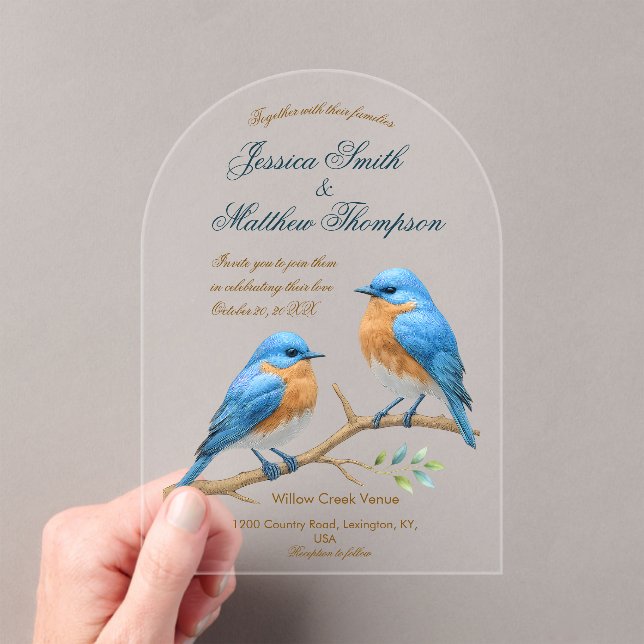 Ivory Pastel Lovebirds Romantic Bluebirds Wedding Acrylic Invitations (Insitu (Handheld))