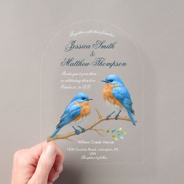 Ivory Pastel Lovebirds Romantic Bluebirds Wedding Acrylic Invitations (Insitu (Handheld))