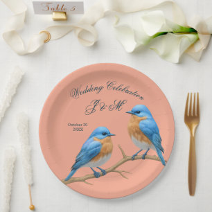 Ivory Pastel Lovebirds Romantic Bluebirds Wedding Paper Plate