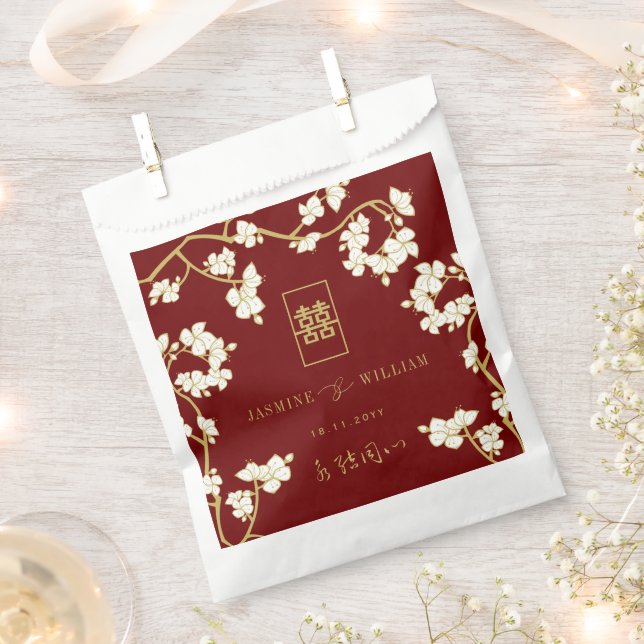 Ivory Peach/Plum Blossoms Double Happiness Wedding Favour Bag (Clipped)