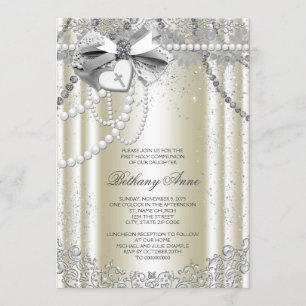 Ivory Pearl Cross First Communion Invitation