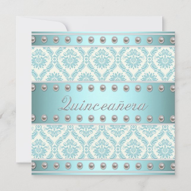 Ivory Pearls Teal Blue White Damask Quinceanera Invitation