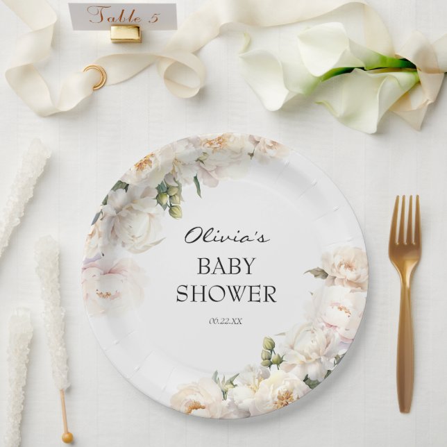 Ivory Peony Floral Garden Neutral Baby Paper Plate (Wedding)