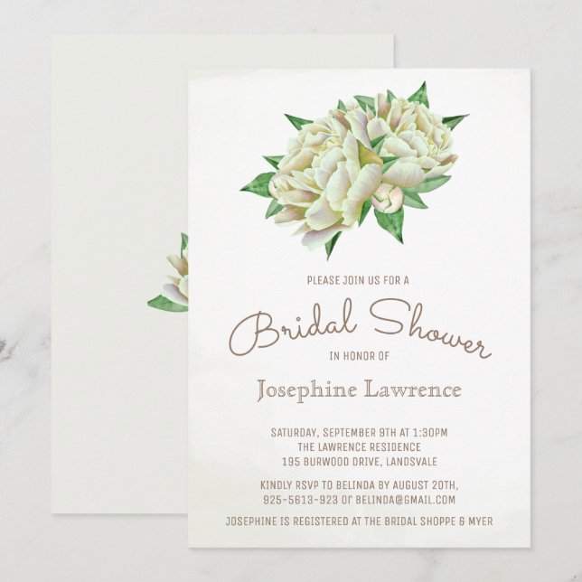 Ivory Peony Watercolor Floral Bridal Shower Invitation (Front/Back)