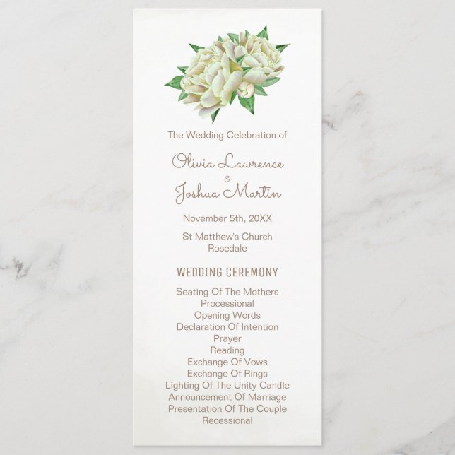Ivory Peony Watercolor Floral Wedding Ceremony Program (Front)
