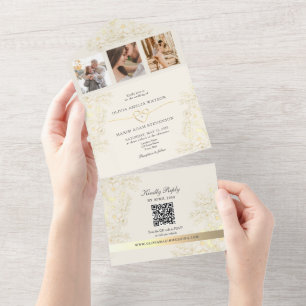 Ivory Photo Gold Floral QR Wedding All In One Invitation