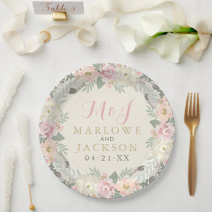 Ivory Pink and Gold Floral Boho Wedding Monogram Paper Plate