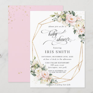 Ivory Pink Blush Floral Geometric Baby Shower  Invitation