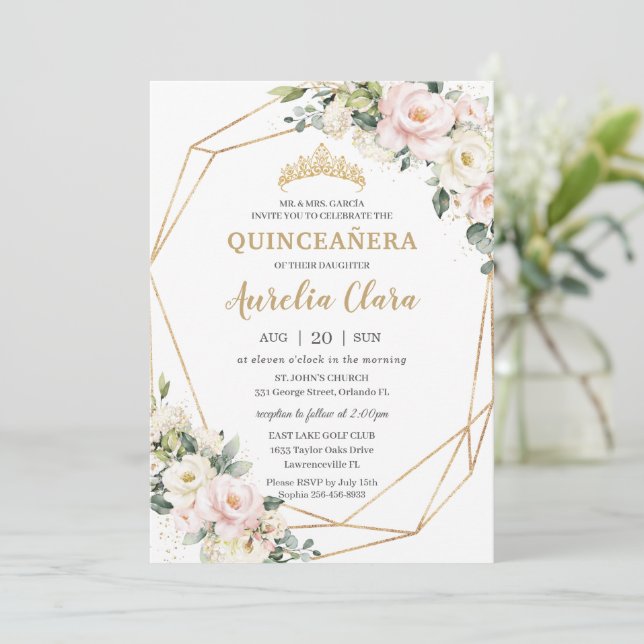 Ivory Pink Blush Floral Geometric Quinceañera Invitation (Standing Front)
