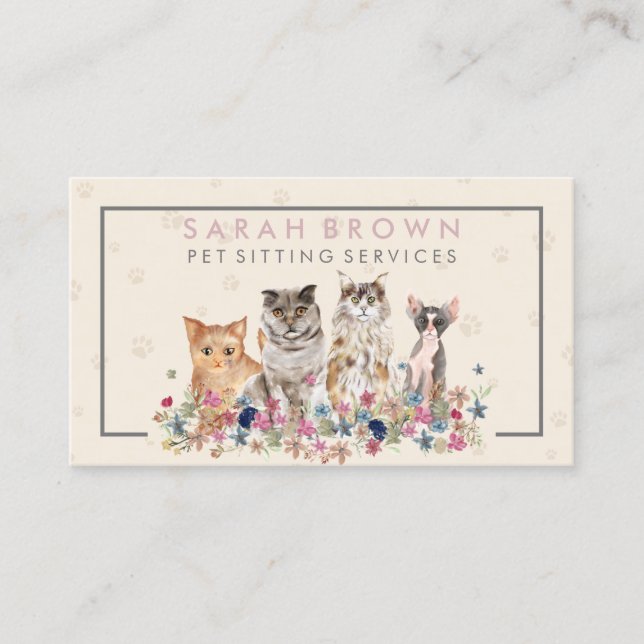 Ivory Pink Cats Flowers Pet Groomer Business Card (Front)