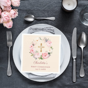 Ivory pink floral wreath First Communion luncheon Napkin
