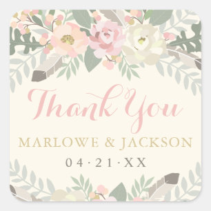 Ivory Pink Gold Floral Boho Thank You Monogram Square Sticker
