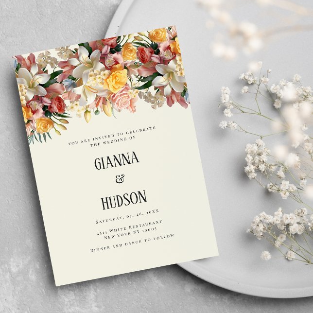 Ivory pink roses lilies orchids floral wedding  invitation (Ivory pink roses lilies orchids floral wedding )