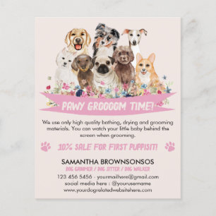 Ivory Pink Simple Floral Illustrated Dog groomer Flyer