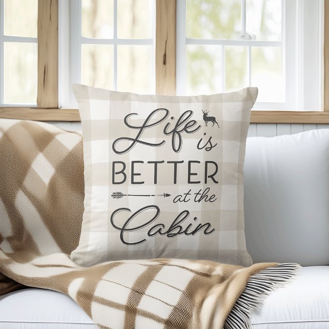 Ivory Plaid Life Is Better At The Cabin Throw Pillow (Creator Uploaded)