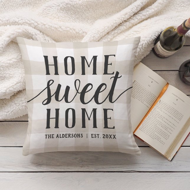 Ivory Plaid Personalized Home Sweet Home Throw Pillow (Creator Uploaded)