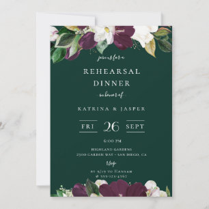 Ivory Plum Floral Emerald Green Rehearsal Dinner Invitation