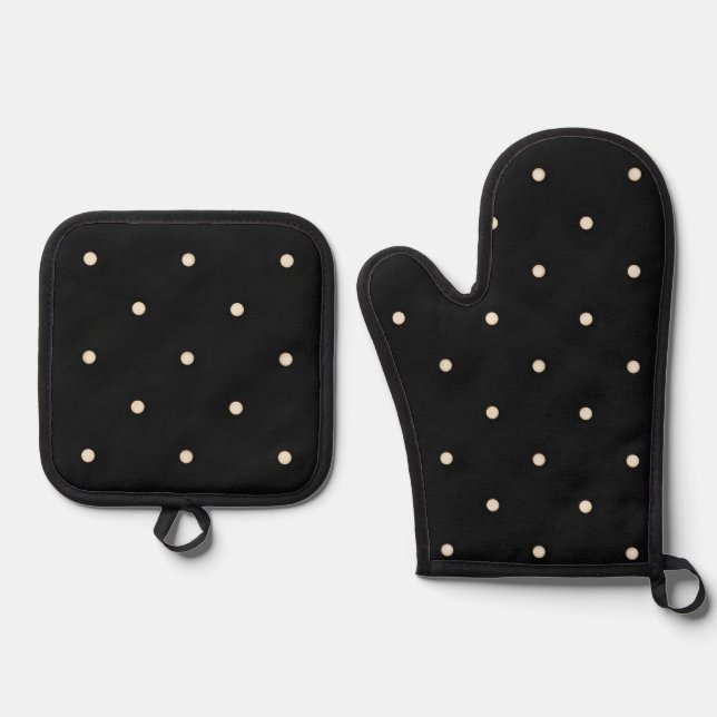 Ivory Polka Dots on Black Oven Mitt & Pot Holder Set (Front)