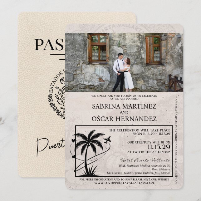 Ivory Puerta Vallarta Passport Wedding Invitation (Front/Back)