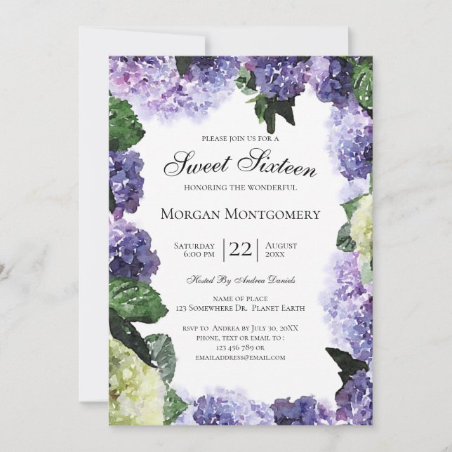 Ivory & Purple Hydrangeas | White Sweet Sixteen Invitation (Front)