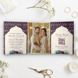 Ivory Purple Peacock Pattern Floral Indian Wedding Tri-Fold Invitation<br><div class="desc">Amaze your guests with this elegant all in one Indian wedding invite featuring a beautiful peacock pattern background and beautiful flowers with QR code for online RSVP. Simply add your event details on this easy-to-use template and adorn this card with your favourite photo to make it a one-of-a-kind invitation.</div>