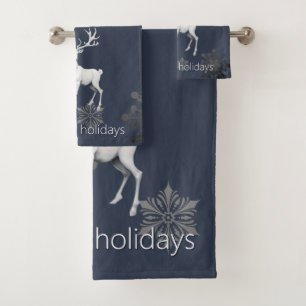 Ivory Reindeer Christmas   Blue Bath Towel Set