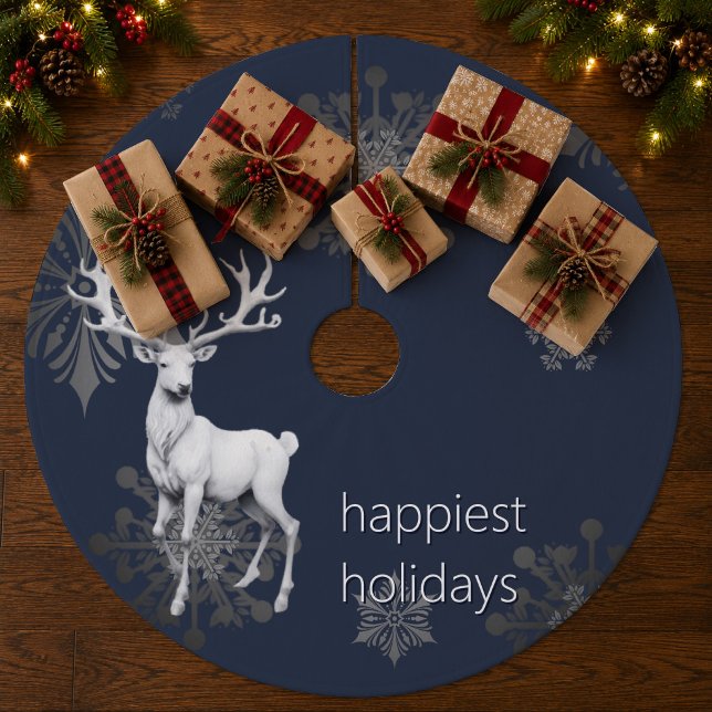 Ivory Reindeer Christmas | Blue Christmas Fleece Tree Skirt (Ivory Reindeer Christmas Blue Christmas Tree Skirt)
