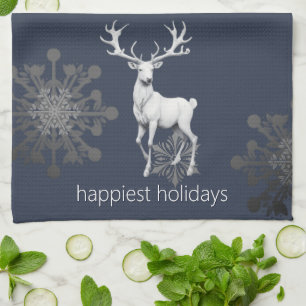 Ivory Reindeer Christmas   Blue Kitchen Towel