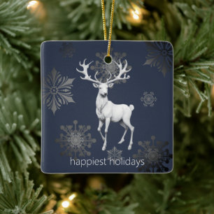 Ivory Reindeer Christmas Blue Photo Ceramic Ornament
