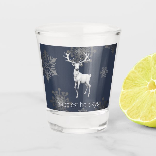 Ivory Reindeer Christmas | Blue Shot Glass (Front)