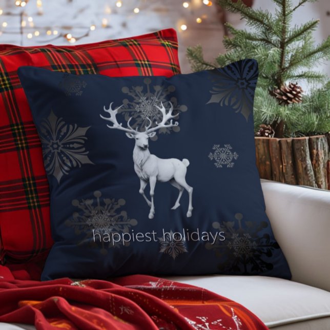 Ivory Reindeer Christmas | Blue Throw Pillow (Blue Ivory Reindeer Christmas Throw Pillow)