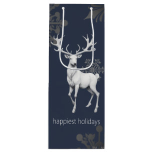 Ivory Reindeer Christmas   Blue Wine Gift Bag