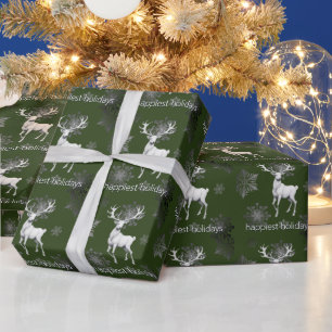 Ivory Reindeer Christmas   Green Wrapping Paper