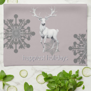 Ivory Reindeer Christmas Pink Kitchen Towel