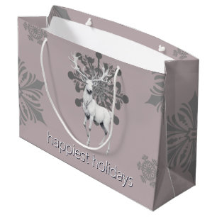 Ivory Reindeer Christmas   Pink Large Gift Bag