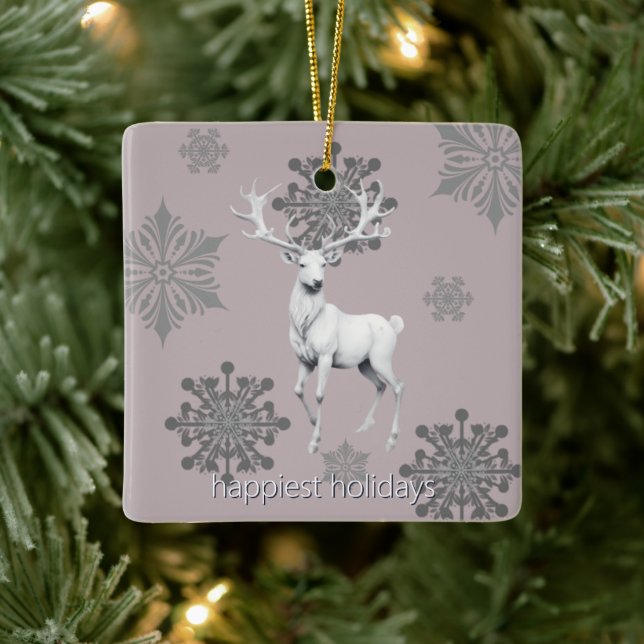 Ivory Reindeer Christmas | Pink Photo Ceramic Ornament (Tree)